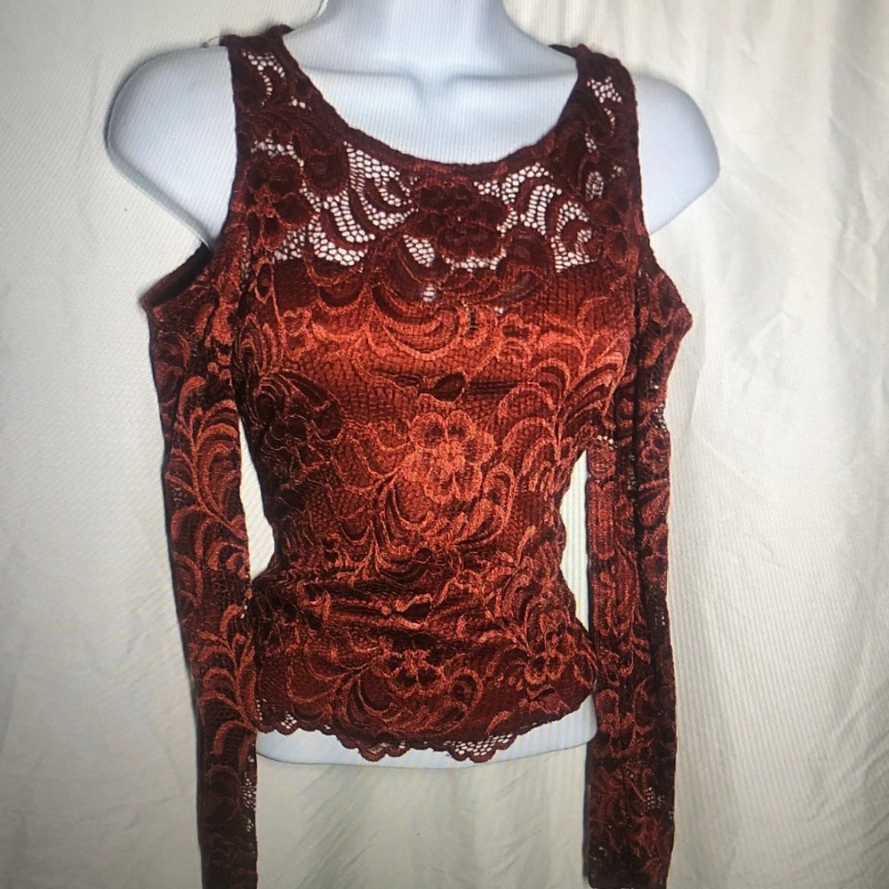 Elegant Lace Cold Shoulder Top - Brown